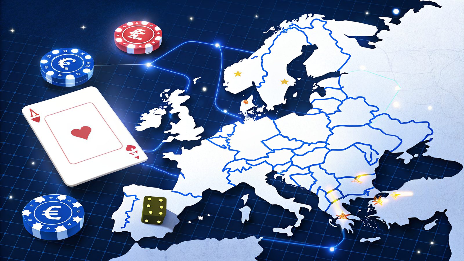 A map of Europe with casino chips and a playing card on the markets the site covers