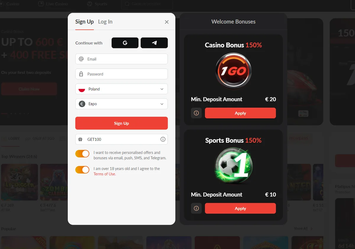 The promo code field on the 1Go Casino registration form with GET100 typed in