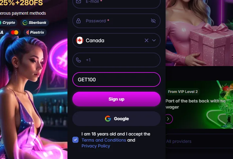 The promo code field on the Auf Casino registration form with GET100 typed in