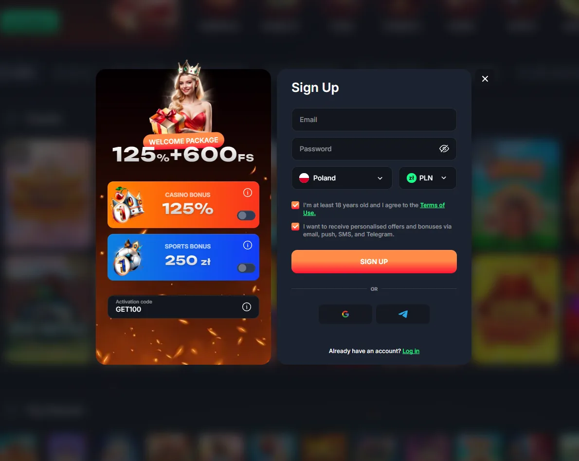 The promo code field on the Beef Casino registration form with GET100 typed in