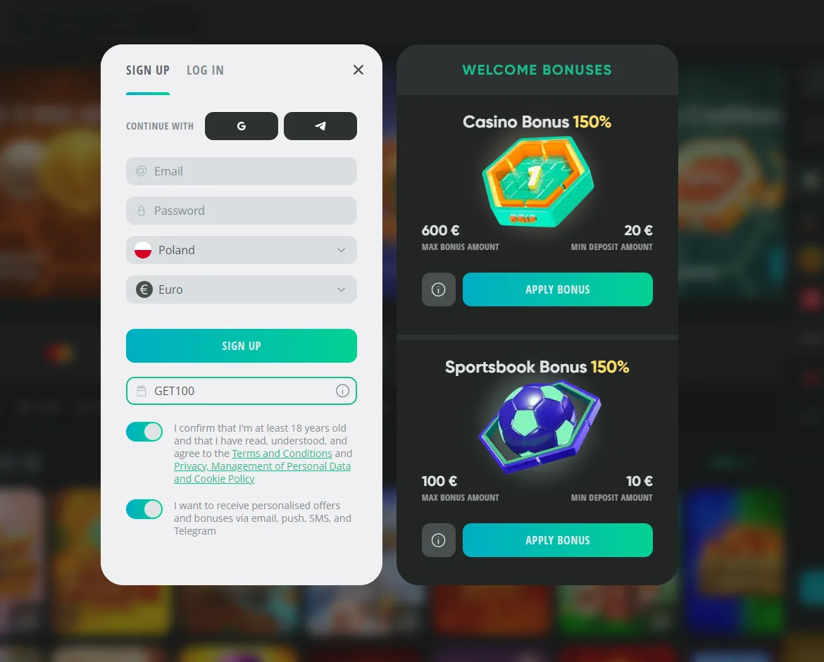 The promo code field on the Drip Casino registration form with GET100 typed in