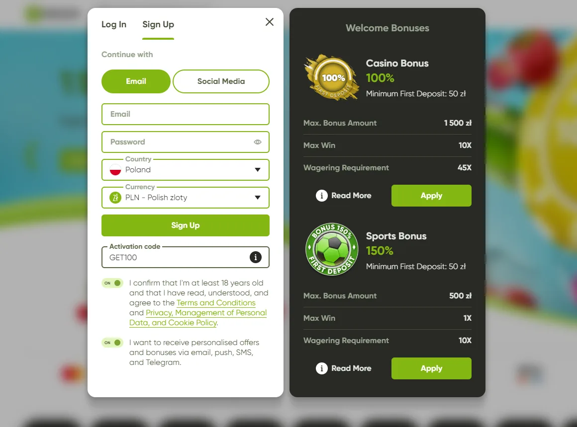 The promo code field on the Fresh Casino registration form with GET100 typed in