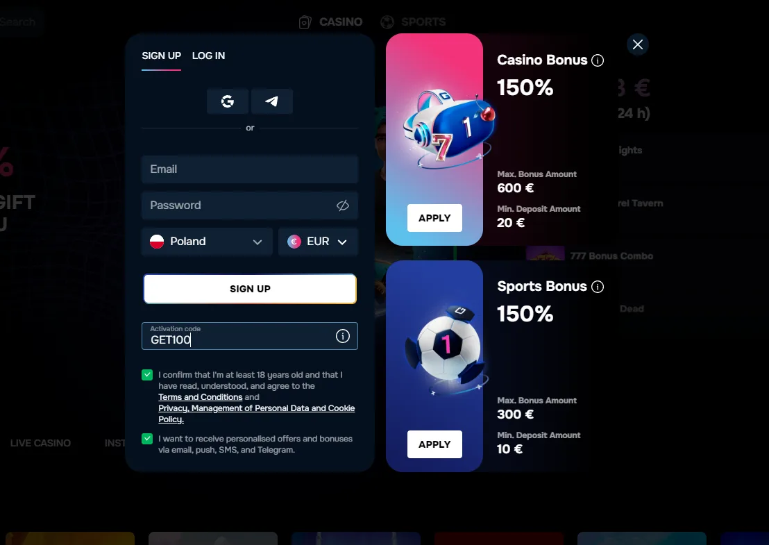 The promo code field on the Gizbo Casino registration form with GET100 typed in