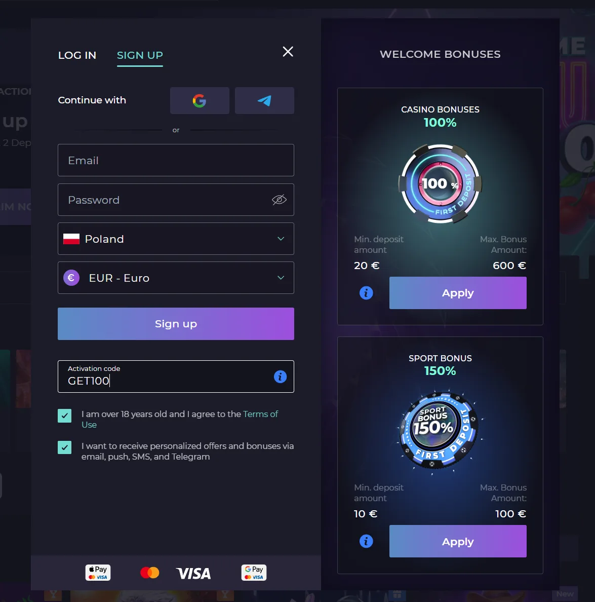 The promo code field on the Izzi Casino registration form with GET100 typed in