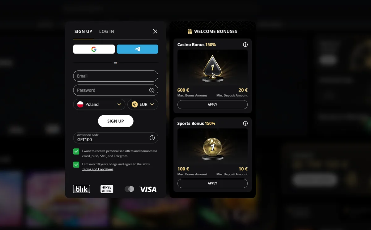 The promo code field on the Lex Casino registration form with GET100 typed in