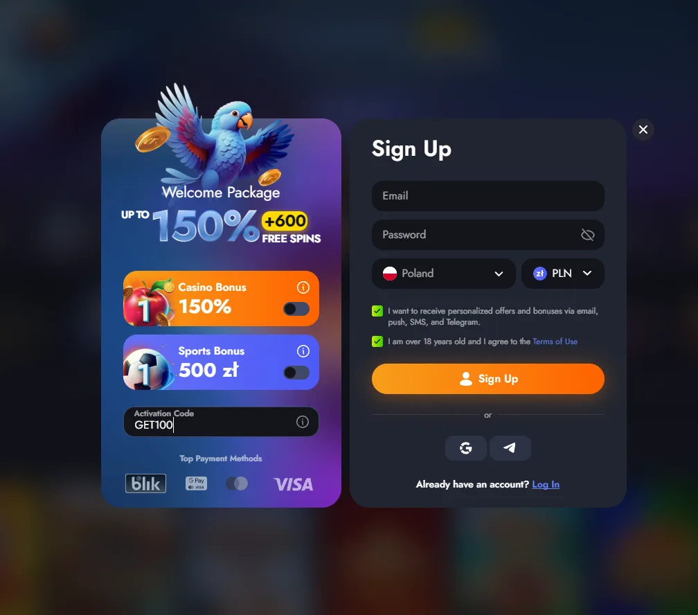 The promo code field on the Martin Casino registration form with GET100 typed in