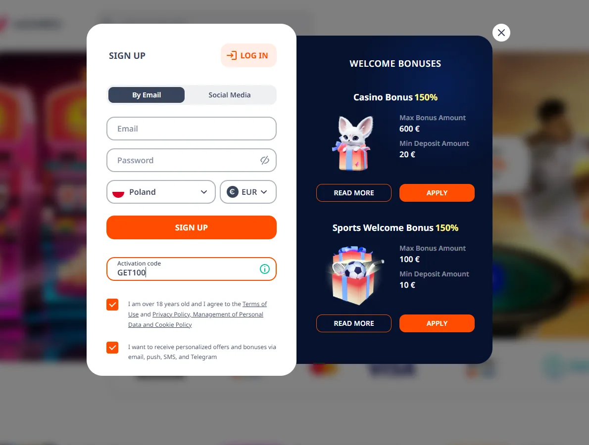 The promo code field on the Monro Casino registration form with GET100 typed in