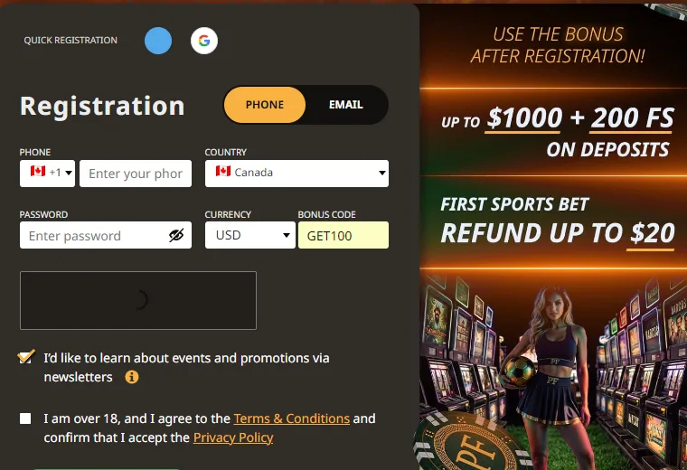 The promo code field on the Play Fortuna Casino registration form with GET100 typed in