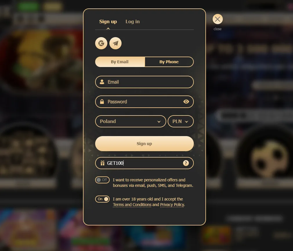 The promo code field on the Rox Casino registration form with GET100 typed in
