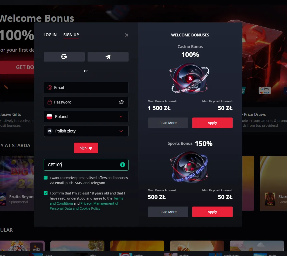 The promo code field on the Starda Casino registration form with GET100 typed in