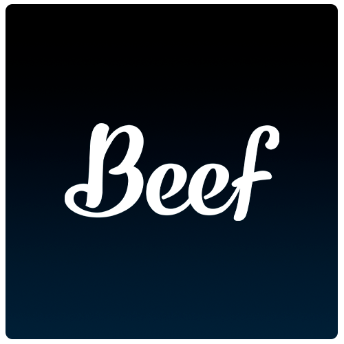 White Beef script logo on a dark blue and black square
