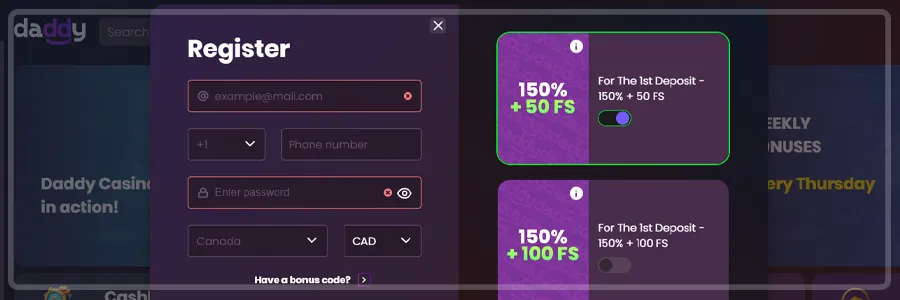 Daddy Casino Registration Process