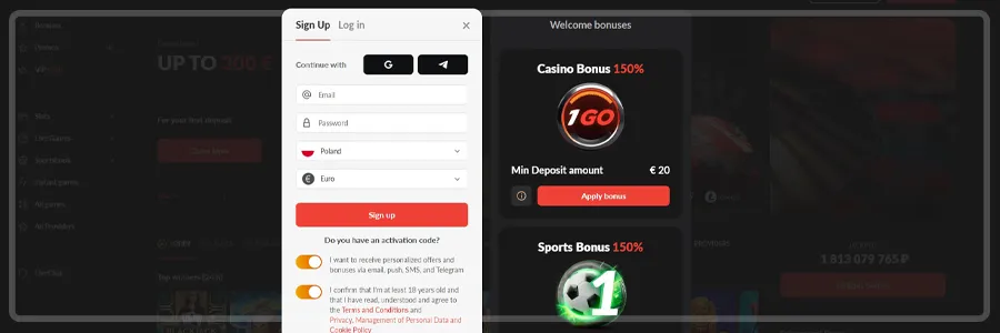 1Go Casino Registration Process