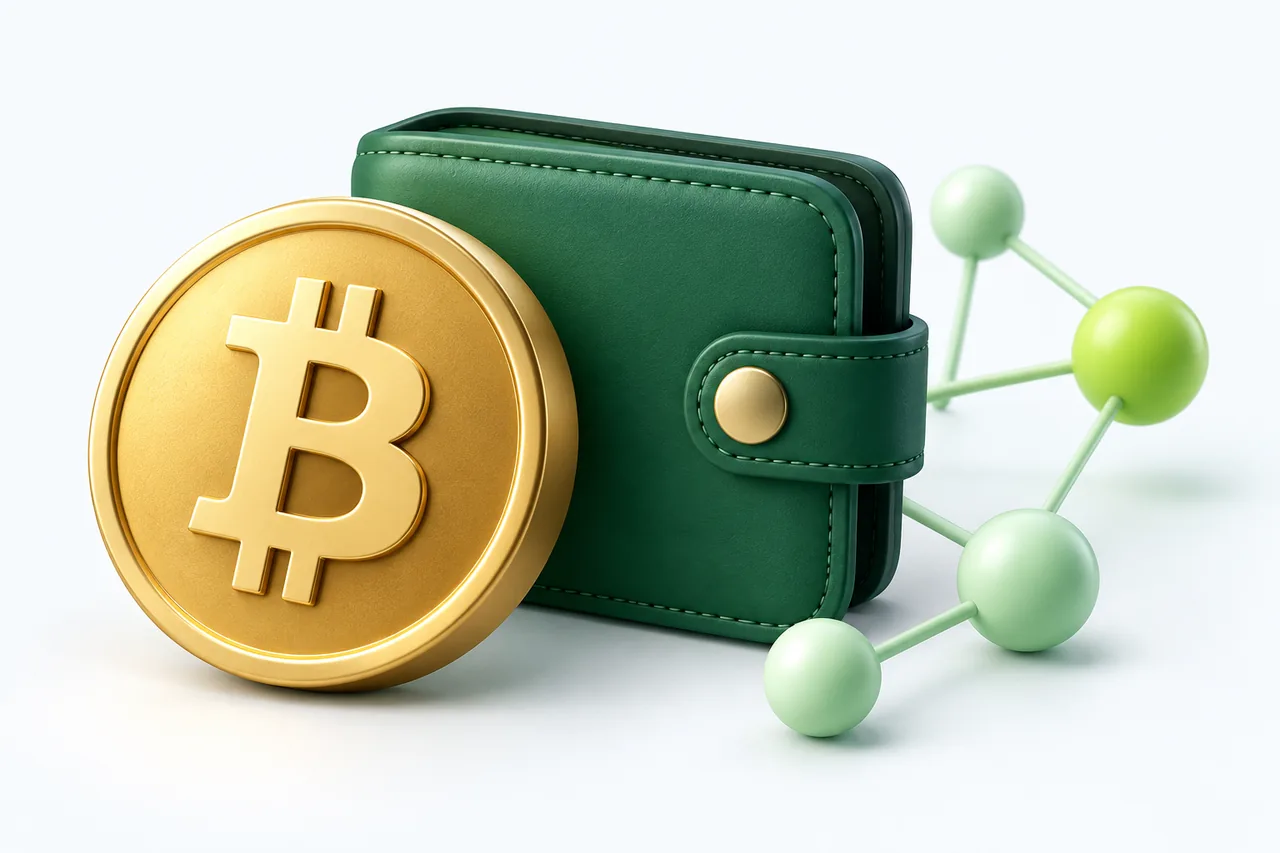 Gold Bitcoin coin beside a green wallet and connected network nodes.