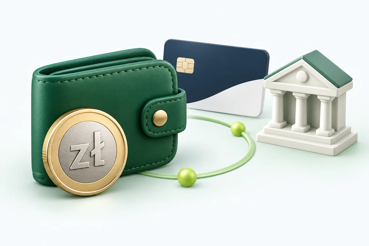 Green wallet with a zł coin, blank bank card and small bank building linked by a curved line.